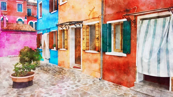 Burano, Venedik, İtalya, suluboya resim. Eski renkli evlerin güzel manzarası, eski Avrupa şehrinin caddesi. Burano, Venedik ve İtalya manzaralı kartpostal