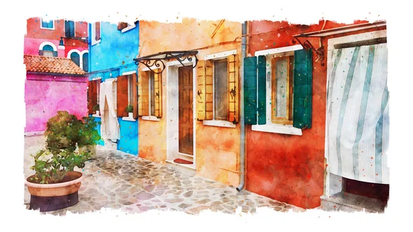 Burano, Venedik, İtalya, suluboya resim. Eski renkli evlerin güzel manzarası, eski Avrupa şehrinin caddesi. Burano, Venedik ve İtalya manzaralı kartpostal, kopyalama alanı