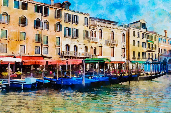 Venezia Disegno Acquerello Colori Bellissima Vista Sul Vecchio Palazzio Porticciolo — Foto Stock