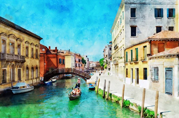 Akwarelowy Rysunek Wenecji Piękny Widok Wenecką Ulicę Kanał Gondole Ulice — Zdjęcie stockowe