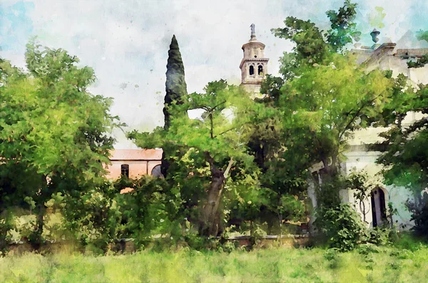 Olaszország Velence Terasz Akvarell Sok Zöldség Templom Gyönyörű Kilátás Nyílik — Stock Fotó