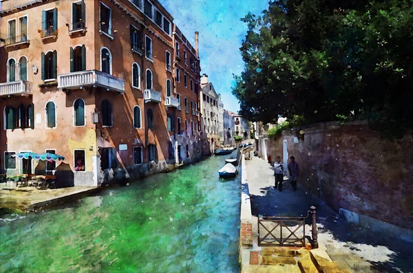 Italia Venezia Acquerello Cartolina Arte Bella Vista Strade Canali Veneziani — Foto Stock