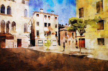 İtalya, Venedik, suluboya. Venedik sokaklarının ve kanallarının güzel manzarası. Gezinti güvertesi, şehirde dolaş. Venedik 'in suluboya çizimi