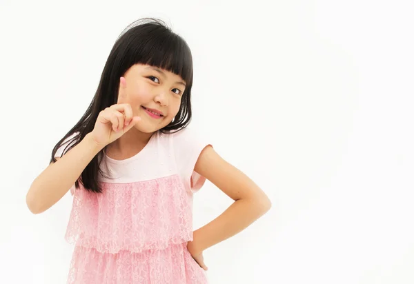 Sorrindo animado jovem menina número 1 mão gestos — Fotografia de Stock