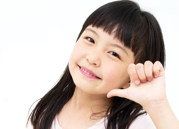 Smiling Excited Young Girl Number 1 Hand Gesture — Stock Photo, Image