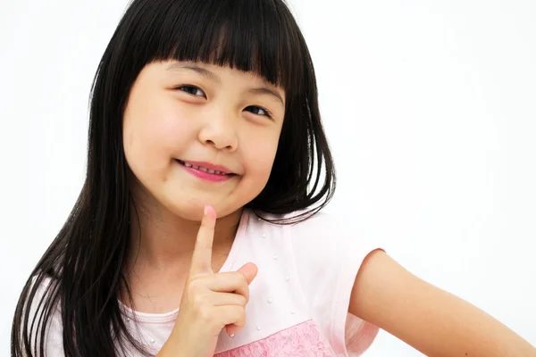 Smiling Excited Young Girl Number 1 Hand Gesture — Stock Photo, Image