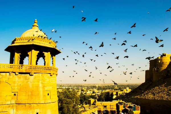 Uccelli Che Volano Intorno Forte Jaisalmer Nel Rajasthan India — Foto Stock