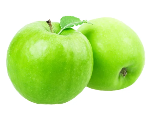 Grüner Apfel mit Blatt — Stockfoto