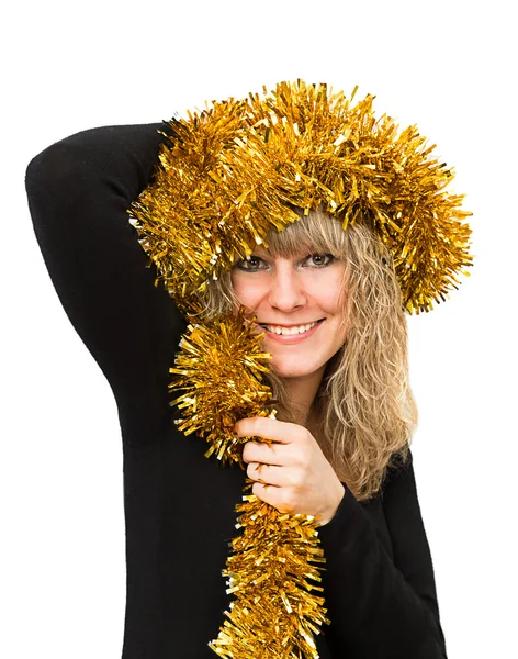 Frau mit Lametta auf dem Kopf — Stockfoto