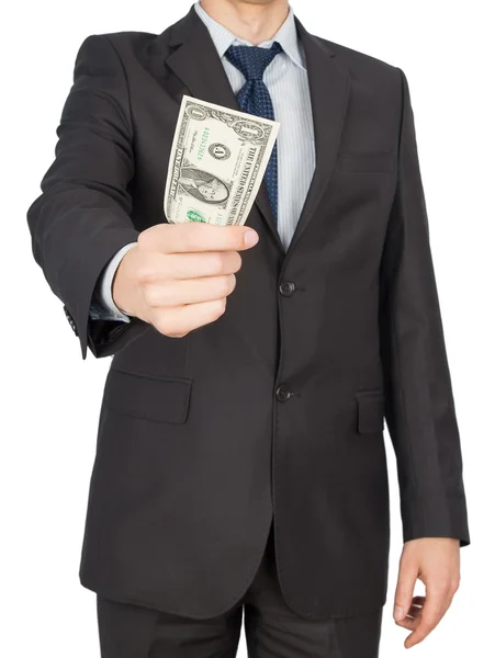 Чоловік у костюмі тримає гроші — стокове фото