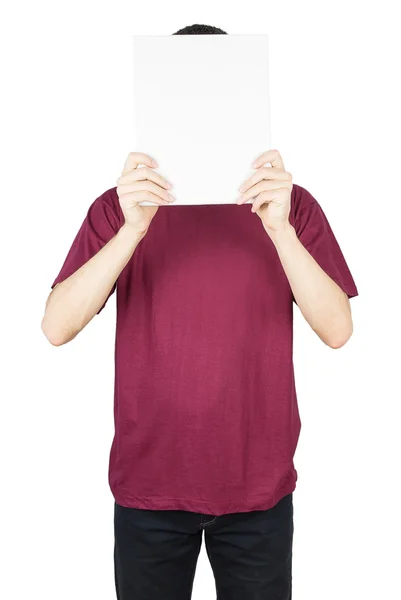 Man in T-shirt holding empty board — Stock Photo, Image