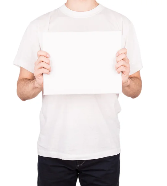 Man in T-shirt with board — Stock Photo, Image