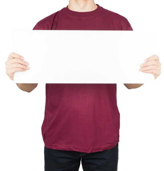 Man in T-shirt with empty board — Stock Photo, Image