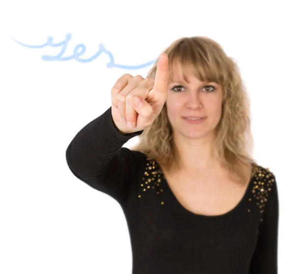 Schreibt Ja-Finger-Frau — Stockfoto