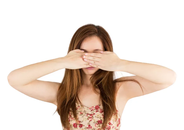 Woman covers  eyes — Stock Photo, Image