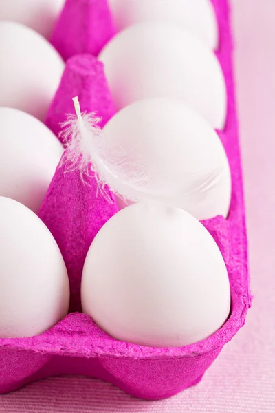 Œufs blancs dans un support violet avec une plume — Photo