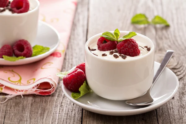 Cream dessert with raspberries — Stock Photo, Image