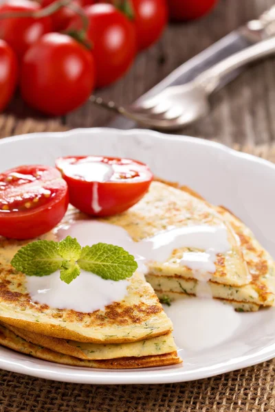 Savory pancakes with tomatoes — Stock Photo, Image