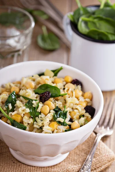 Salade met rijst, kekers, spinazie, rozijnen — Stockfoto