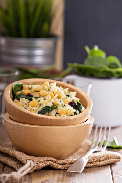 Ensalada con arroz, garbanzos, espinacas, pasas —  Fotos de Stock