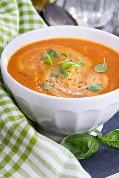 Tomato soup in white bowl — Stock Photo, Image