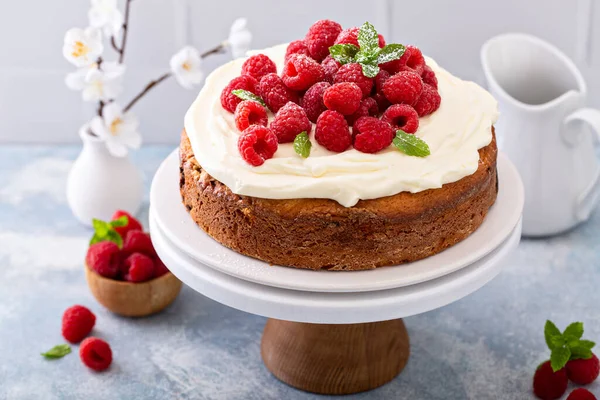 Bolo de verão simples com framboesas e cobertura — Fotografia de Stock