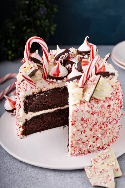 Pfefferminzrinde und Schokoladenkuchen zu Weihnachten vor festlichem Hintergrund — Stockfoto