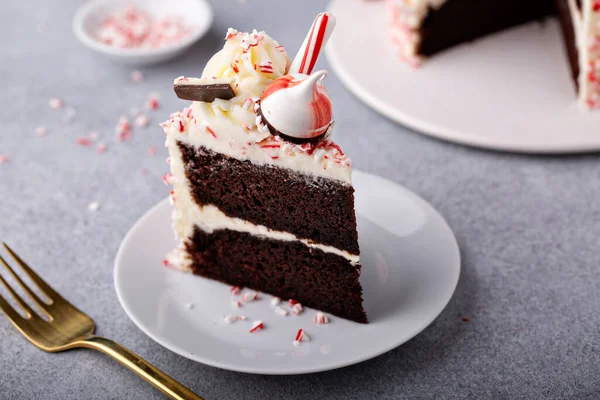 Casca de hortelã-pimenta e bolo de chocolate para o Natal em um fundo festivo — Fotografia de Stock