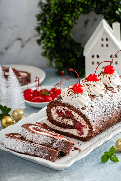 Black forest cake roll with whipped cream and cherries — Stock Photo, Image