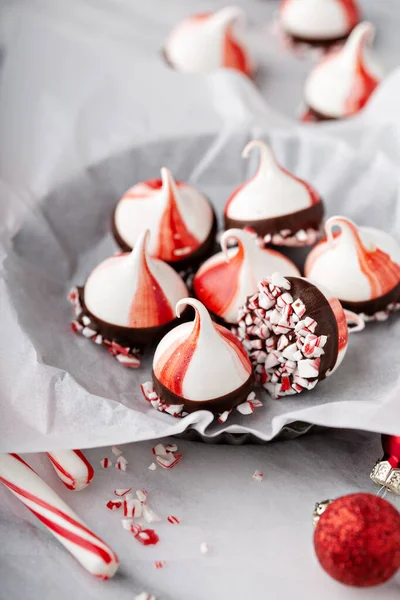 Peppermint meringues dipped in chocolate, Christmas treat — Stock Photo, Image