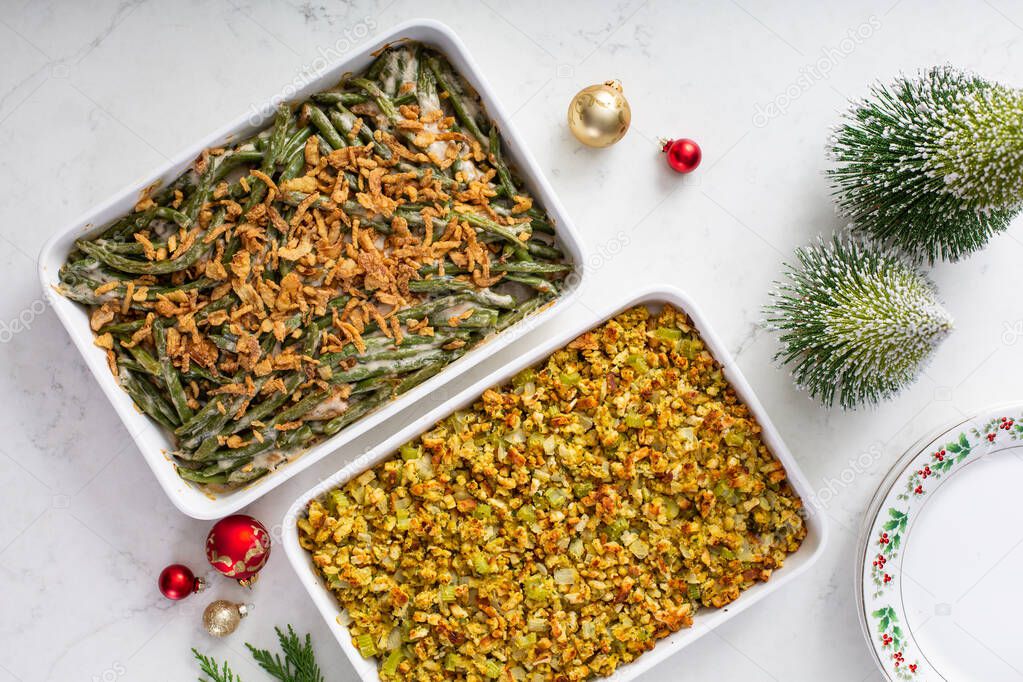 Christmas dinner side dishes including greean beans casserole and stuffing