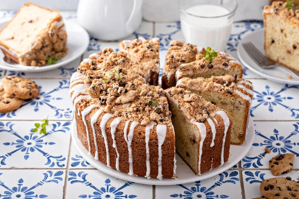 Chocolate chip cookie pound cake made in a tube pan — Stock Photo, Image