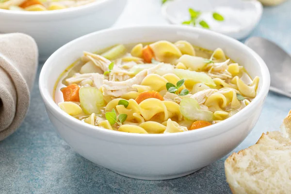 Sopa de macarrão de frango tradicional com macarrão de ovo — Fotografia de Stock