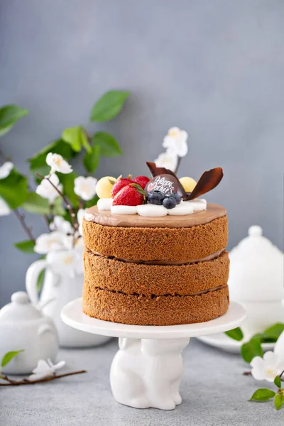 Шоколадний торт на день матері з ягодами та шоколадною начинкою — стокове фото
