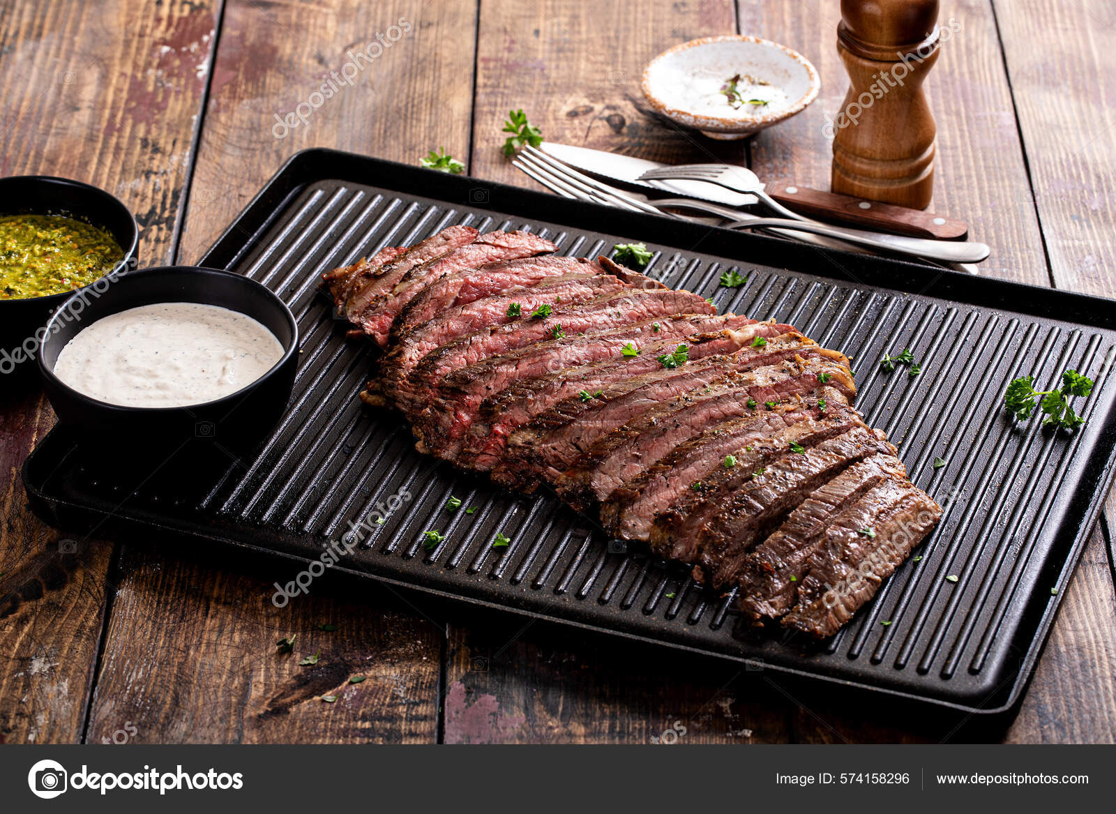 Grilled Flank Steak Chimichurri Horseradish Sauce Grill Pan Wooden