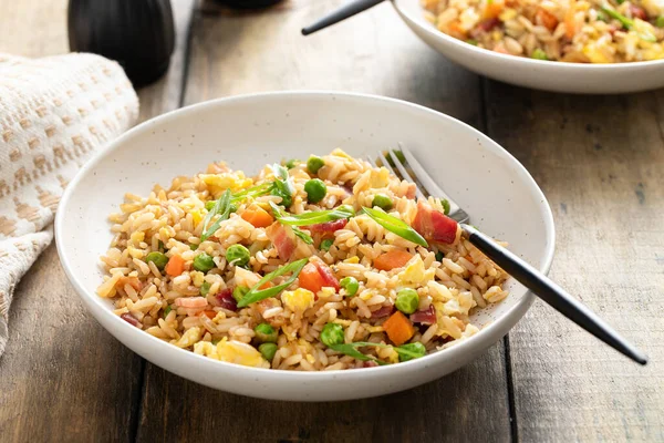 Breakfast Fried Rice Bacon Carrots Peas Green Onions Scrambled Eggs — Stock Photo, Image