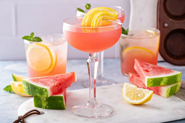 Watermelon Citrus Cocktail Lemon Garnish Coupe Glass — 스톡 사진