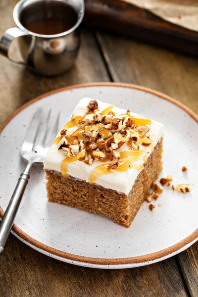 Carrot Pumpkin Spiced Cake Bars Cream Cheese Frosting Pecan Nuts — стоковое фото