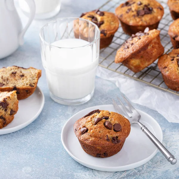 Banana Chocolate Chip Muffins Auf Einem Teller Frühstück Oder Snack — Stockfoto