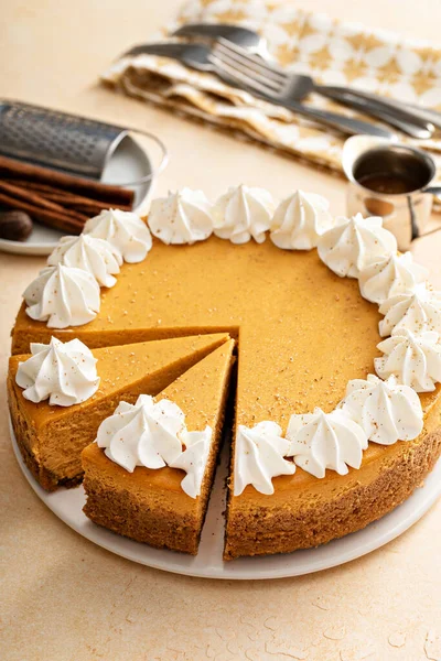 Pumpkin Cheesecake Fall Spices Topped Whipped Cream Dessert Thanksgiving Whole — Stock Fotó