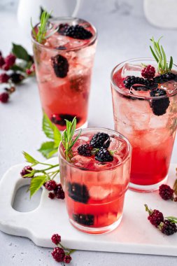 Refreshing blackberry cocktail or mocktail with fresh rosemary, cool summer or fall drink