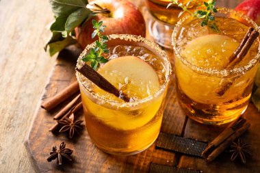 Apple cider margarita with brown sugar rim, cinnamon and fresh thyme, fall cocktail or mocktail idea in a rustic setting