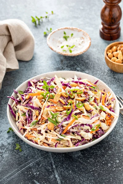 Asian Cole Slaw Creamy Dressing Topped Salted Roasted Peanuts Green — 스톡 사진