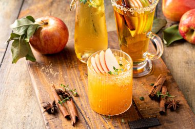 Variety of fall cocktails or mocktails made with apple cider, Thanksgiving drinks ideas