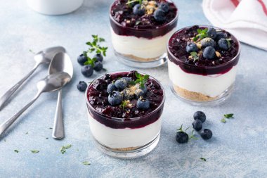 Blueberry cheesecake in a jar with graham cracker base, no bake dessert