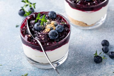 Blueberry cheesecake in a jar with graham cracker base, no bake dessert