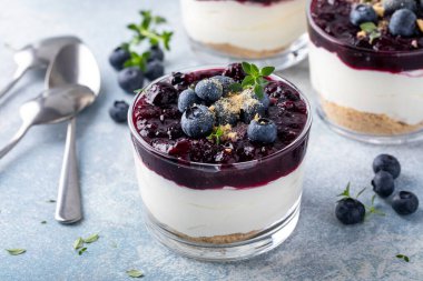 Blueberry cheesecake in a jar with graham cracker base, no bake dessert