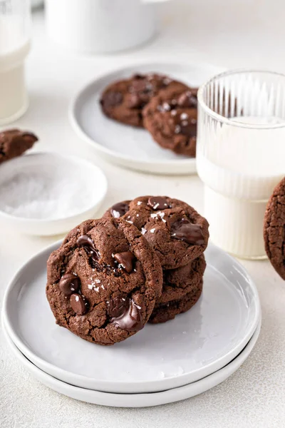 Двойное Шоколадное Печенье Темной Шоколадной Крошкой Соленые Хлопья Стаканом Молока — стоковое фото
