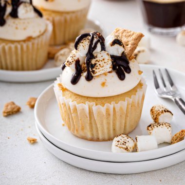 Smores cupcakes with graham crackers, toasted marshmallows and chocolate syrup