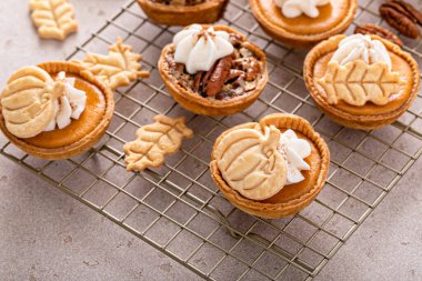 Mini pumpkin and pecan pies baked in muffin tin, traditional Thanksgiving or fall dessert